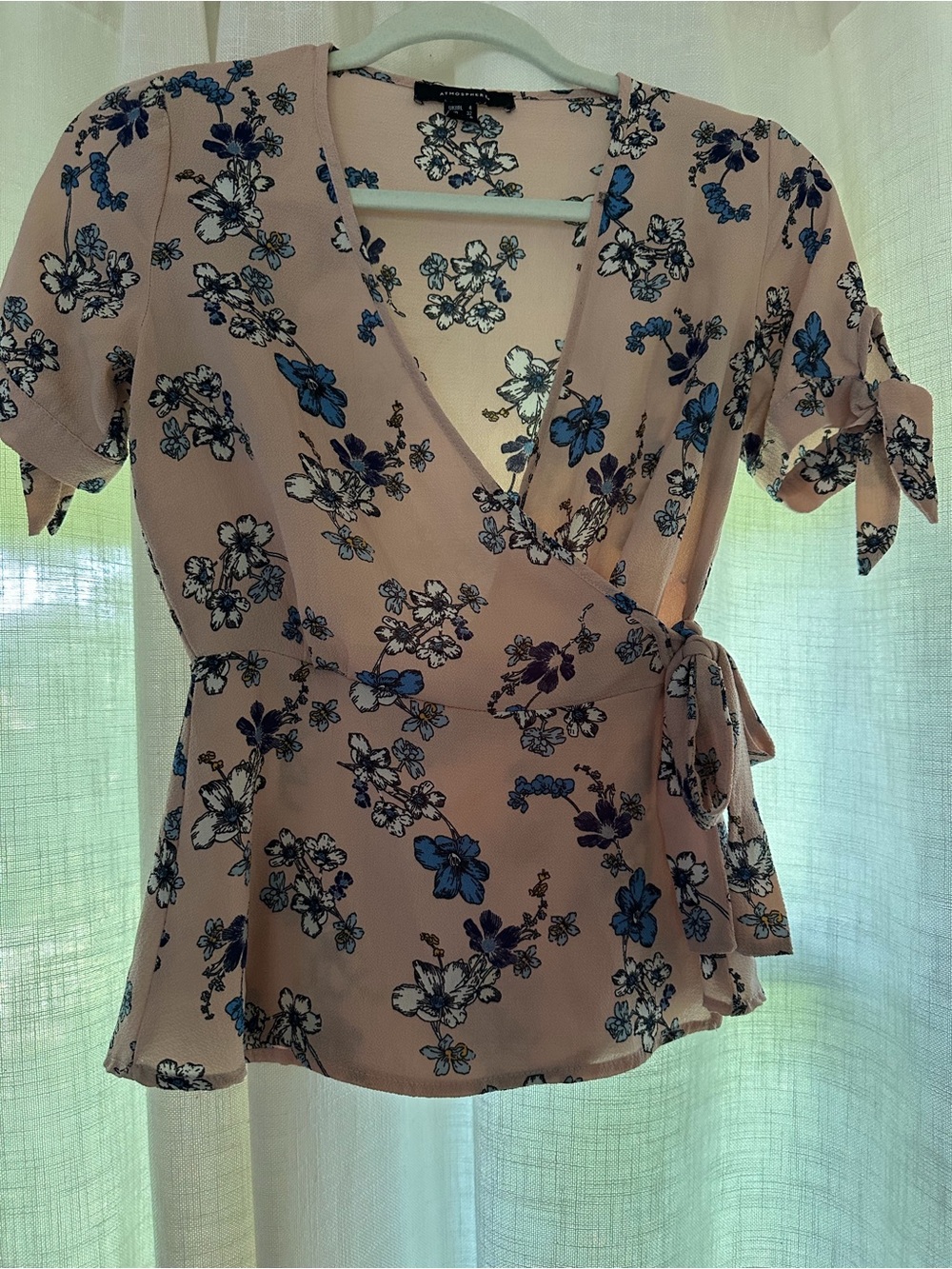 Atmosphere Dusty Rose Floral Wrap Top with Blue Accents